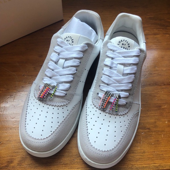 Loeffler Randall Keeley Low Top Sneakers W Size 9 White Grey Beaded Safety Pins - Picture 2 of 16